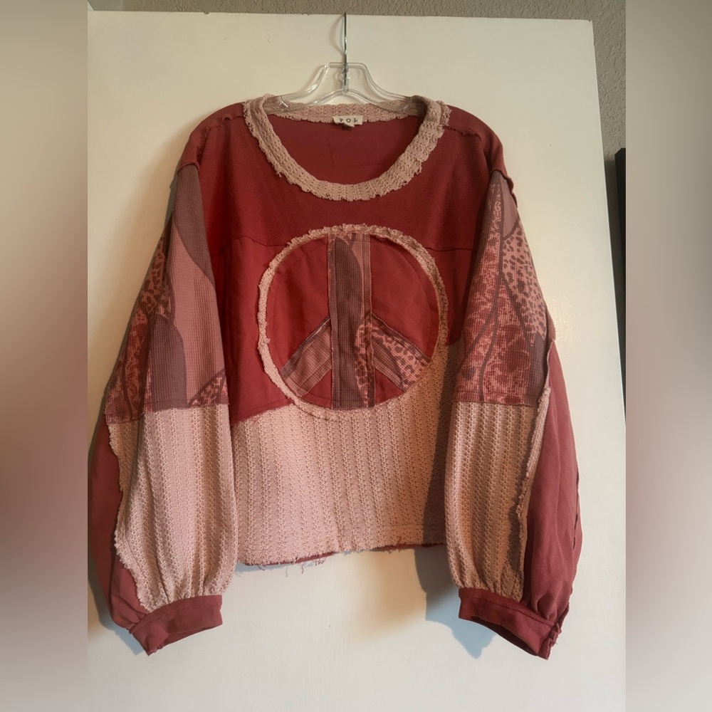 NWOT Pol Boho Patchwork Peace Sign Sweater top